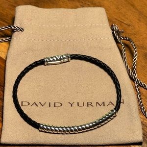 David Yurman Chevron Cable Design ID Bar Black Leather Stack Bracelet 8 - 8 1/2”